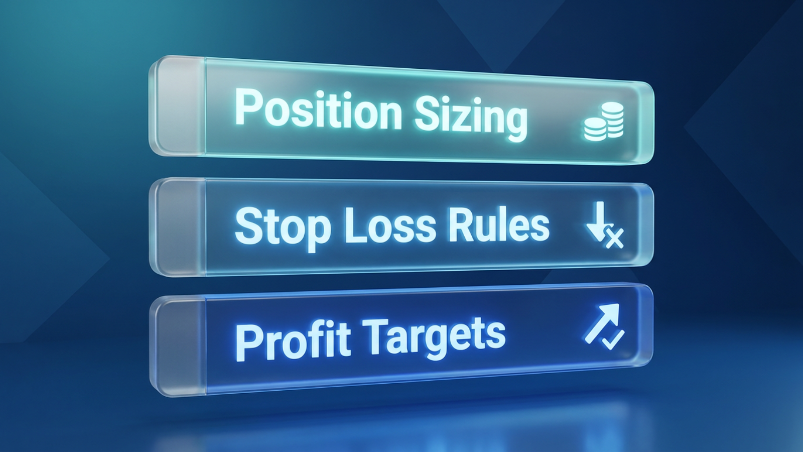 Three stacked horizontal bars illustrating options risk management layers: Position Sizing at top, Stop Loss Rules in the middle, and Profit Targets at the bott
