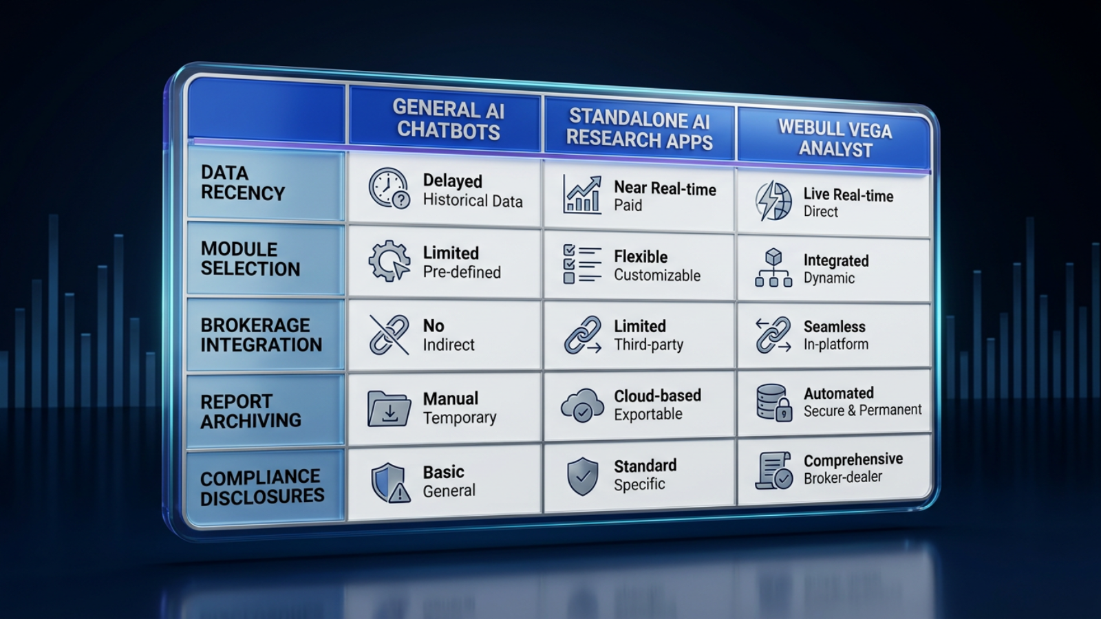 AI stock research comparison table, Webull Vega Analyst vs chatbots, brokerage integration