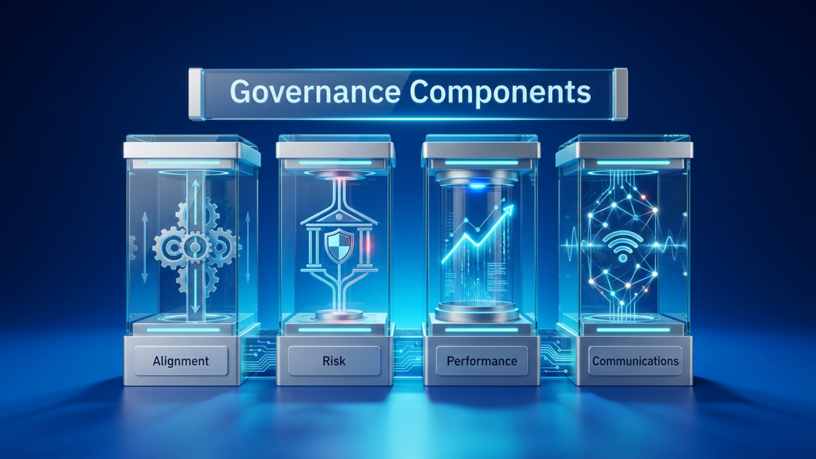 Diagram showing four portfolio governance components arranged in columns: Alignment, Risk, Performance, and Communications