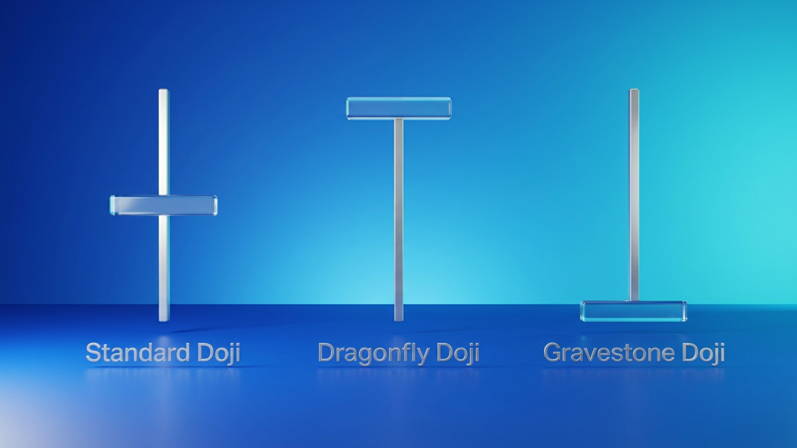 Three Doji candlestick variations: Standard Doji with equal wicks on both sides, Dragonfly Doji shaped like a T with a long lower wick, and Gravestone Doji shap