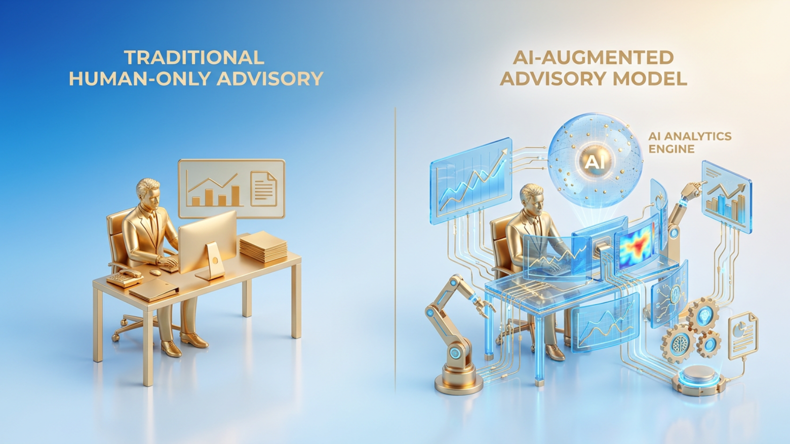 Side-by-side comparison of a traditional human-only advisory desk on the left and an AI-augmented advisory model on the right, with the advisor supported by dat