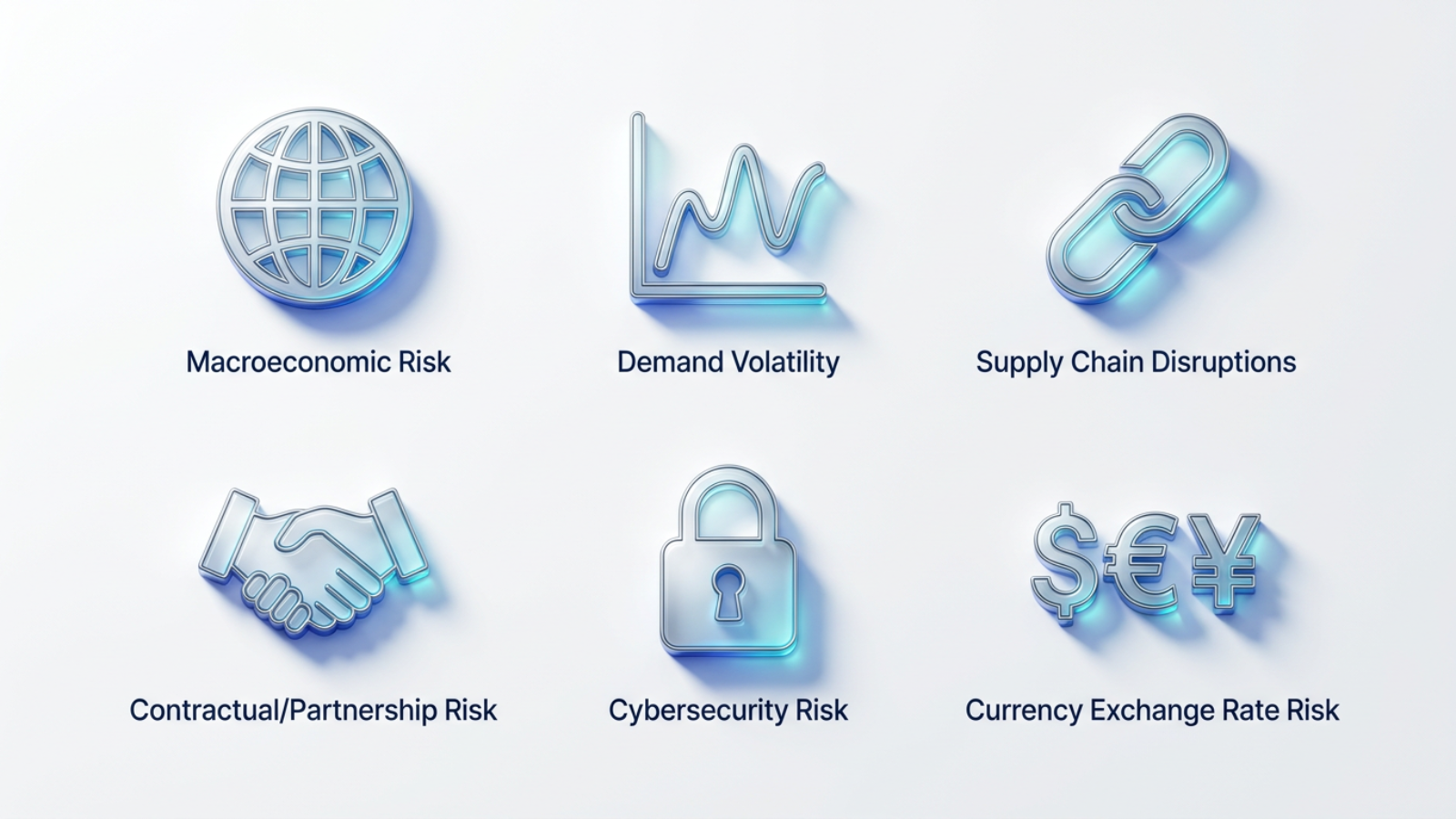 Six-icon grid illustrating Sandisk risk categories: globe for macroeconomic risk, demand curve for demand volatility, chain link for supply chain, handshake for