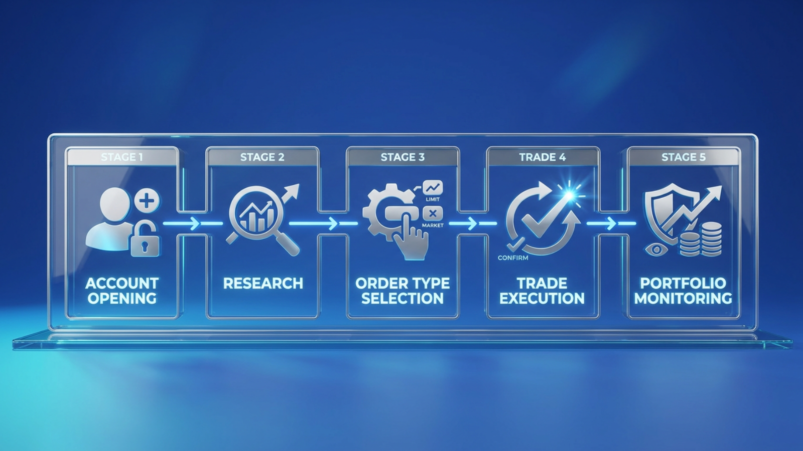 Five-step infographic for buying a crypto ETF covering account opening, research, order type selection, trade execution, and portfolio monitoring