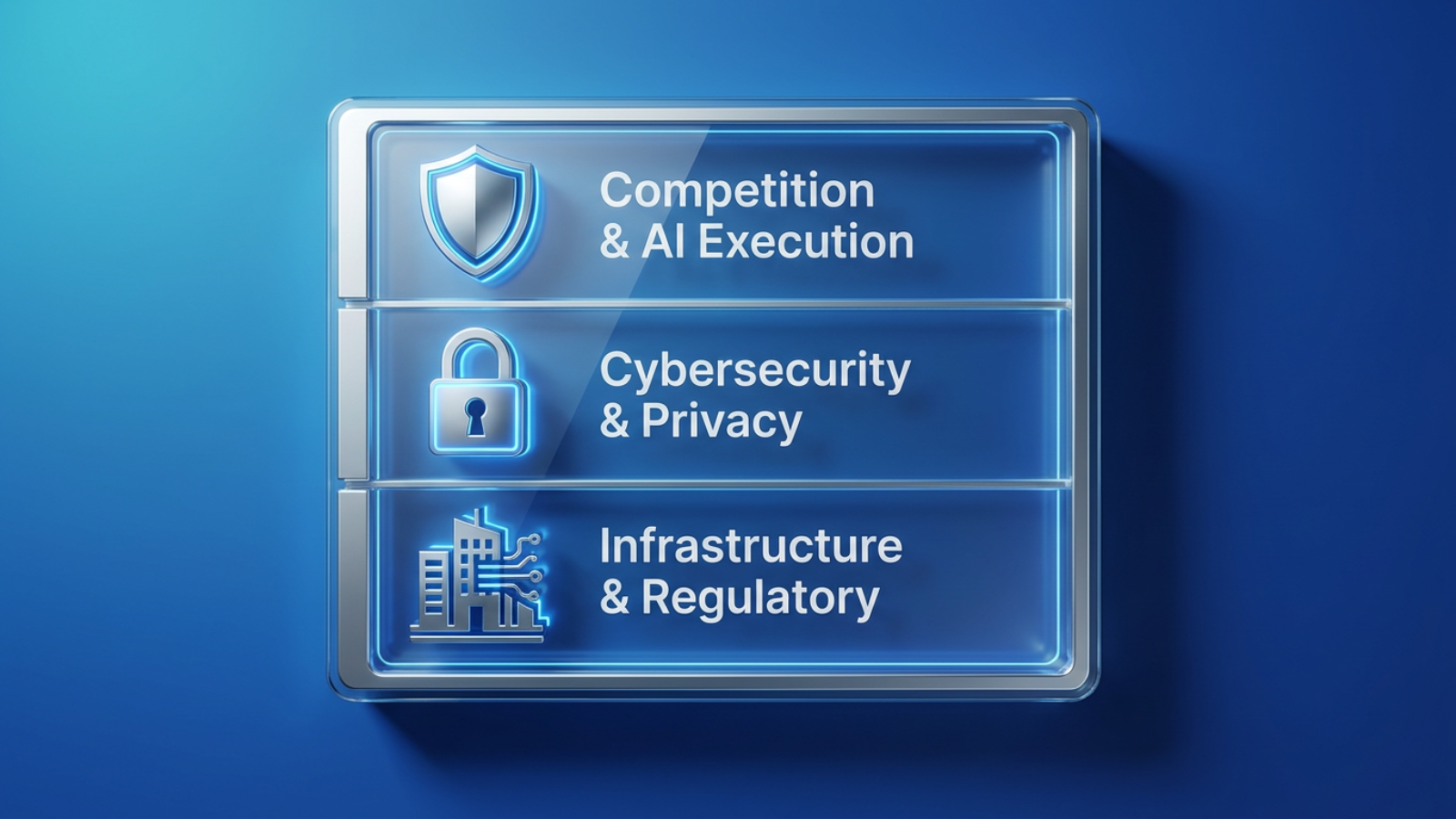 Three-row icon list summarizing Microsoft risk categories: shield for Competition and AI Execution, lock for Cybersecurity and Privacy, building for Infrastruct