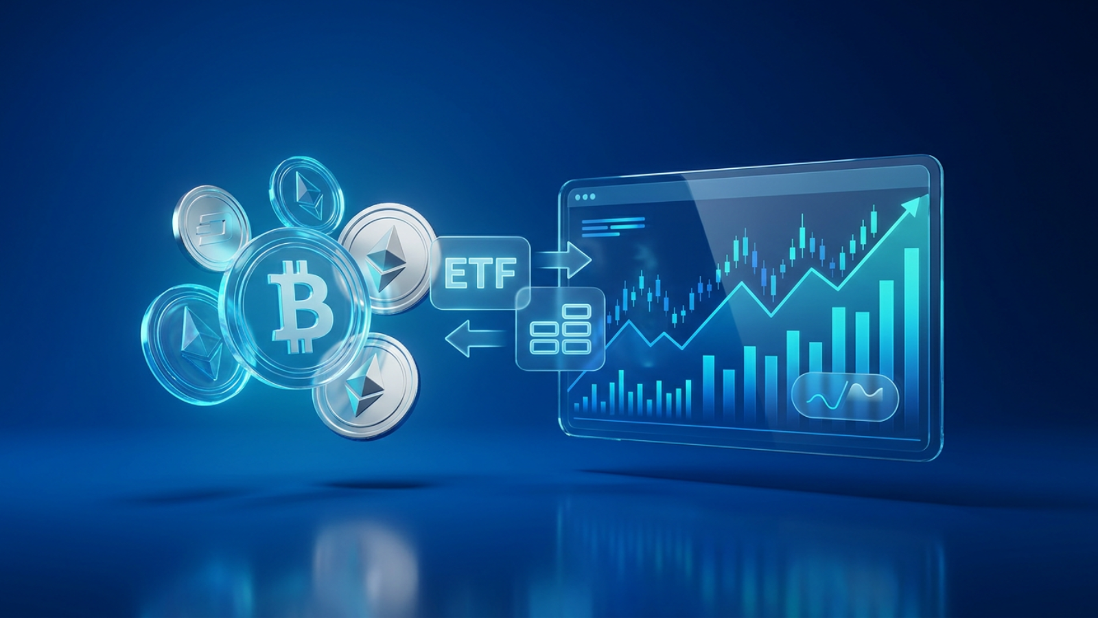 Cryptocurrency coins and stock market charts merging into ETF fund icons that bridge digital assets with a brokerage trading interface