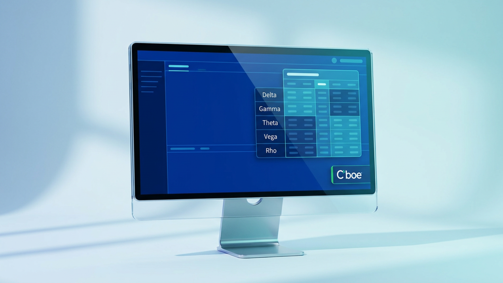Desktop trading interface mockup with an options analysis panel listing delta, gamma, theta, vega, and rho vertically beside a hypothetical options chain, with