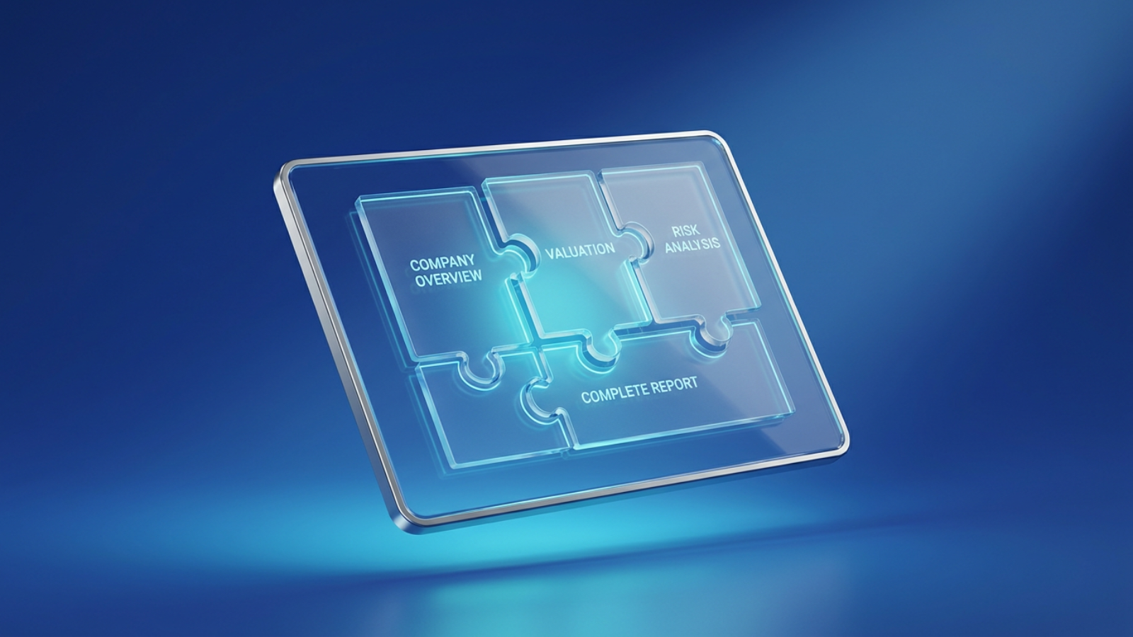 Stylized screen showing a financial research report assembling in real time as puzzle-piece modules representing company overview, valuation, and risk analysis