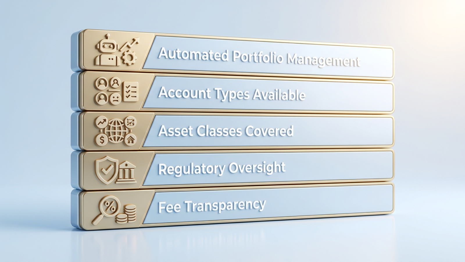 Comparison table of AI investment platform features with icon-labeled rows for Automated Portfolio Management, Account Types, Asset Classes, Regulatory Oversigh