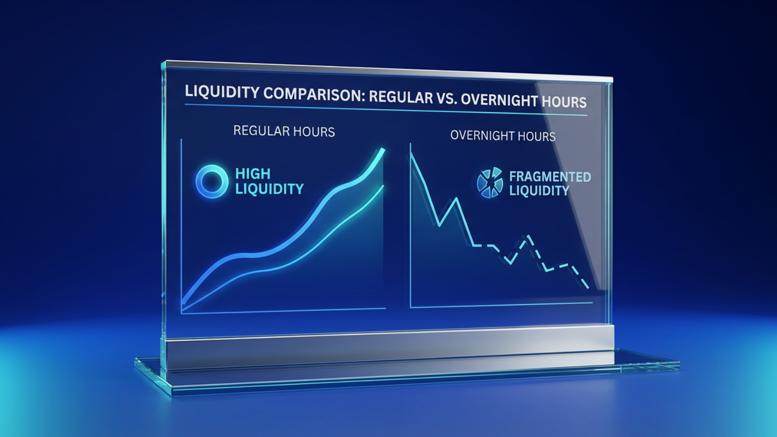 Comparative line chart contrasting smooth high-volume liquidity during regular trading hours against fragmented low-volume liquidity during overnight hours