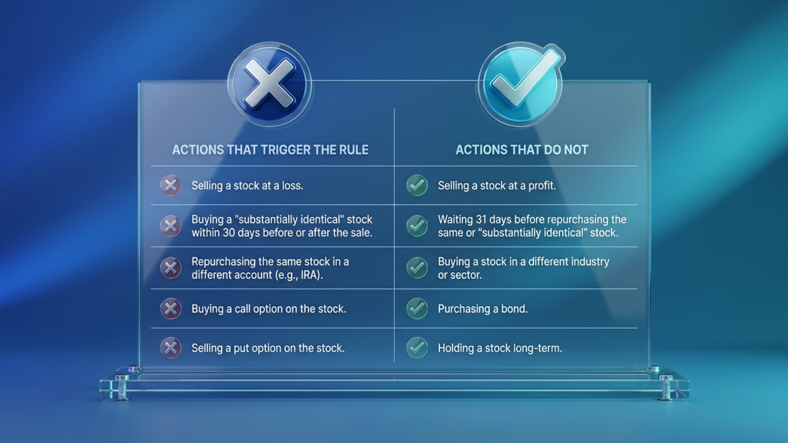 Two-column comparison table listing investor actions that trigger the wash sale rule under a cross mark and actions that avoid it under a checkmark