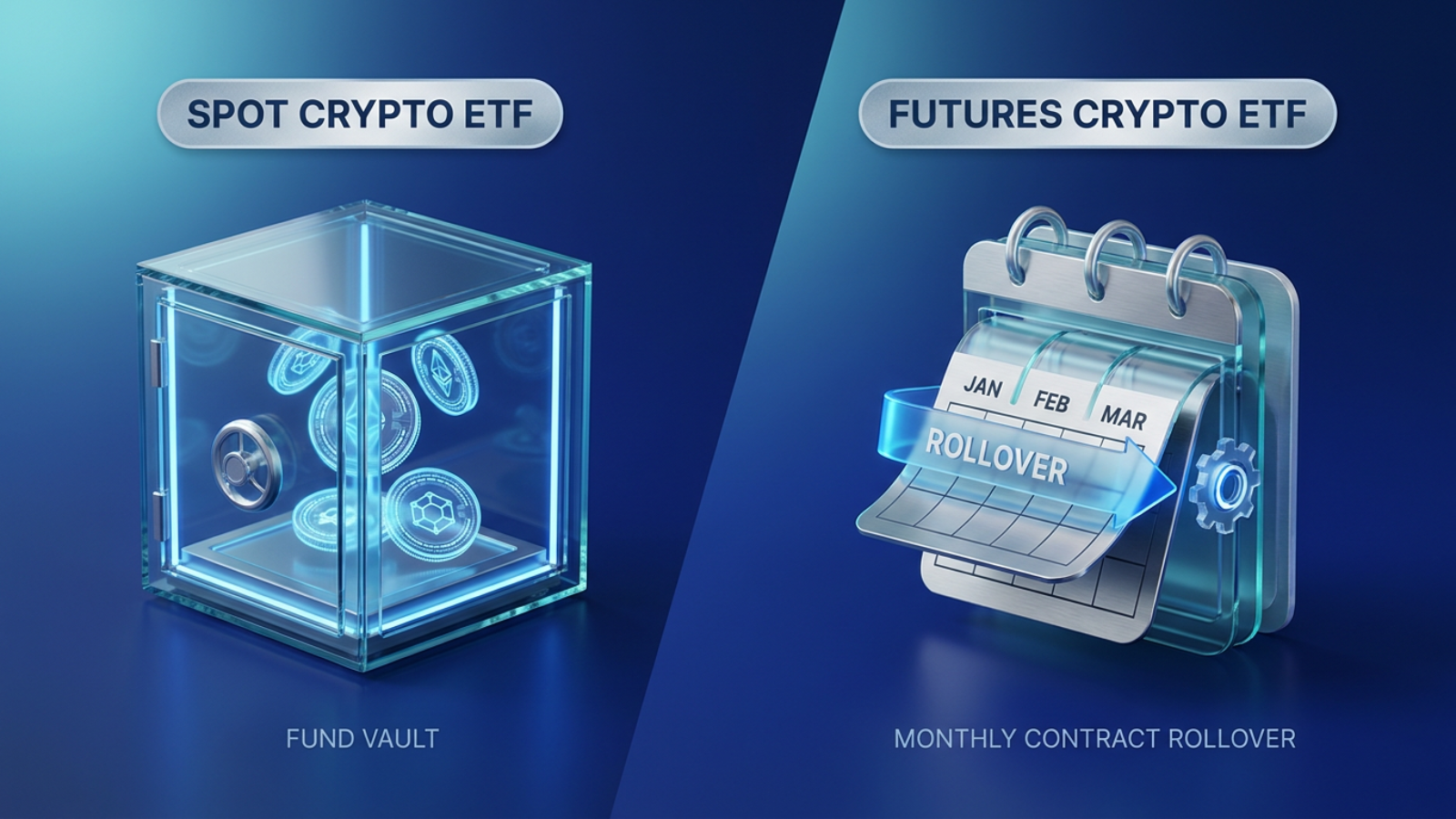 Side-by-side diagram contrasting spot crypto ETFs holding digital coins in a fund vault against futures ETFs using a monthly contract rollover calendar