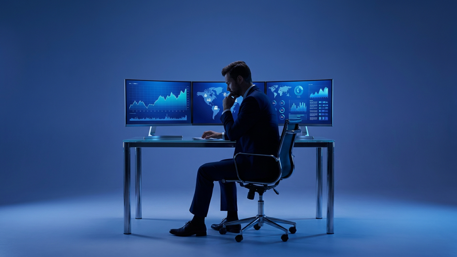 Human trader at a multi-monitor workstation reviewing geopolitical news and global financial charts, illustrating critical thinking in active trading