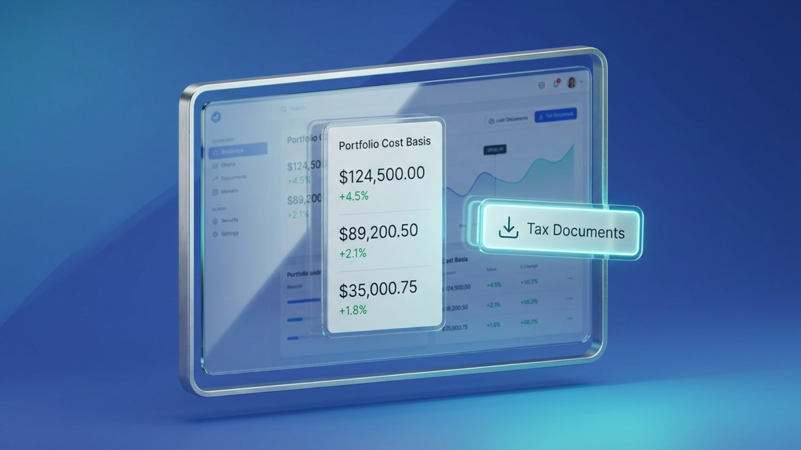 Brokerage dashboard mockup with a portfolio cost basis column highlighted and a Tax Documents download button prominently displayed