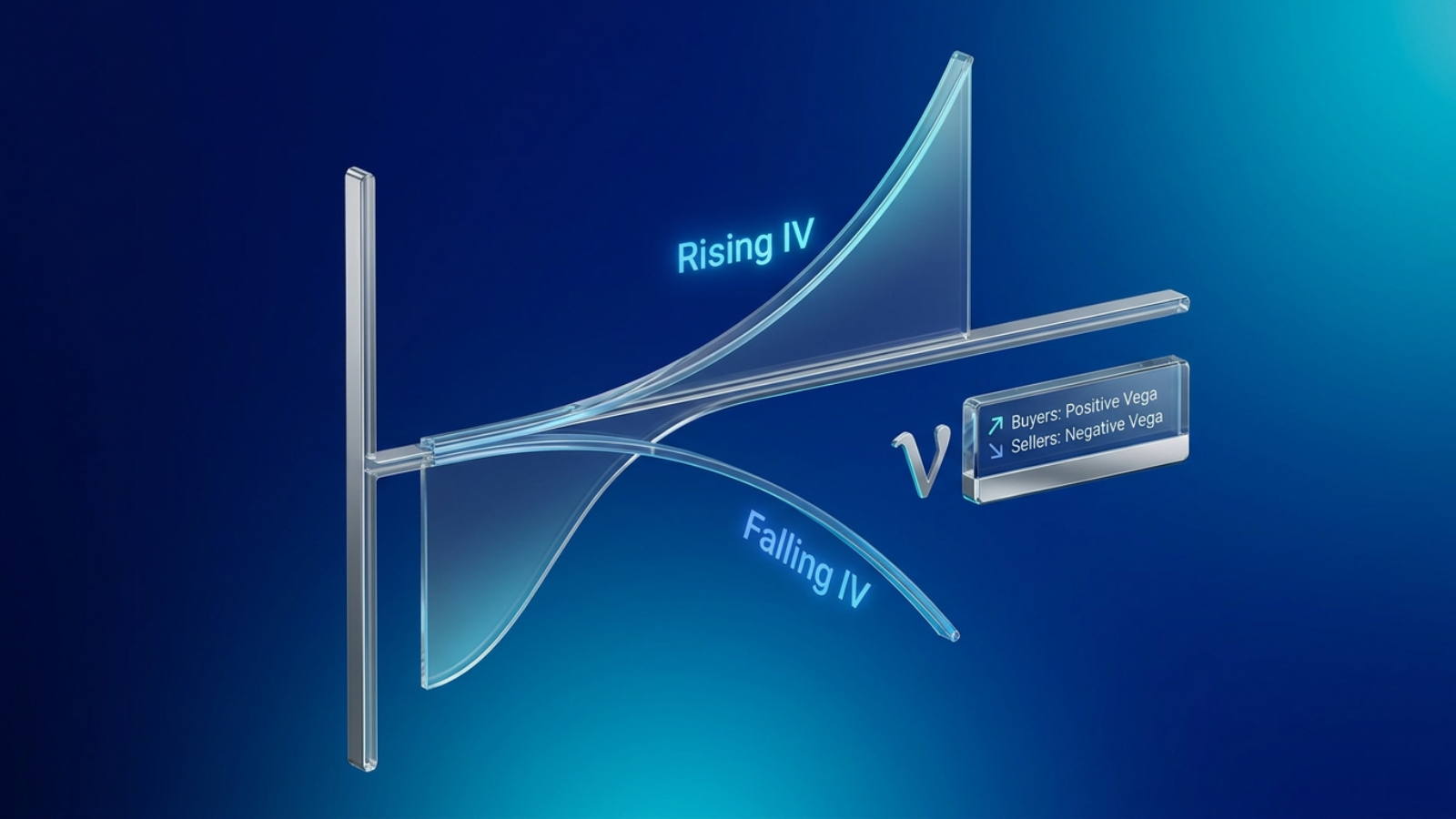 Stylized line chart showing two diverging curves over time: Rising IV curving upward and Falling IV curving downward, with a vega symbol and legend showing oppo