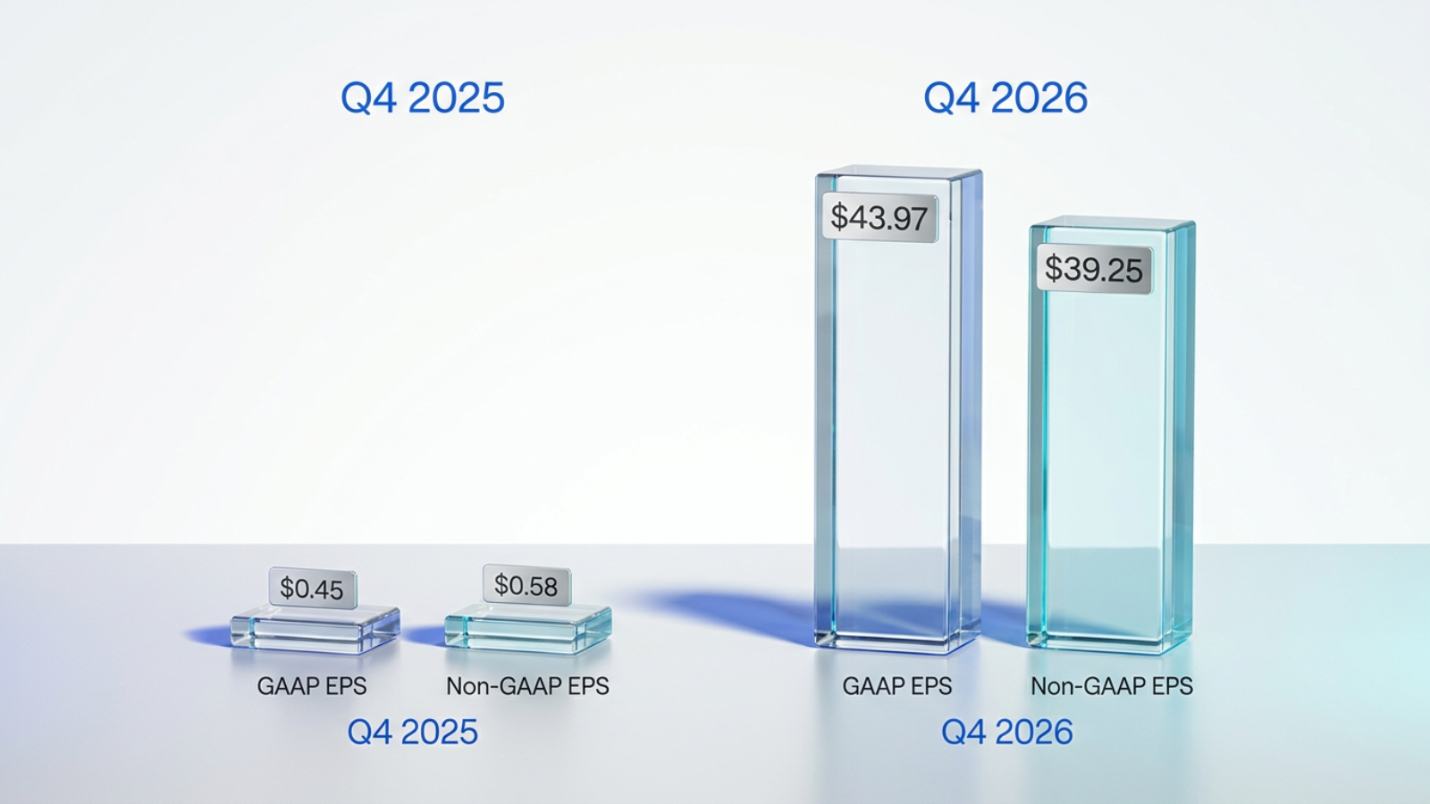 Bar chart comparing Sandisk GAAP EPS and Non-GAAP EPS for Q4 2025 versus Q4 2026, showing a dramatic rise to $43.97 and $39.25 respectively from near-zero prior