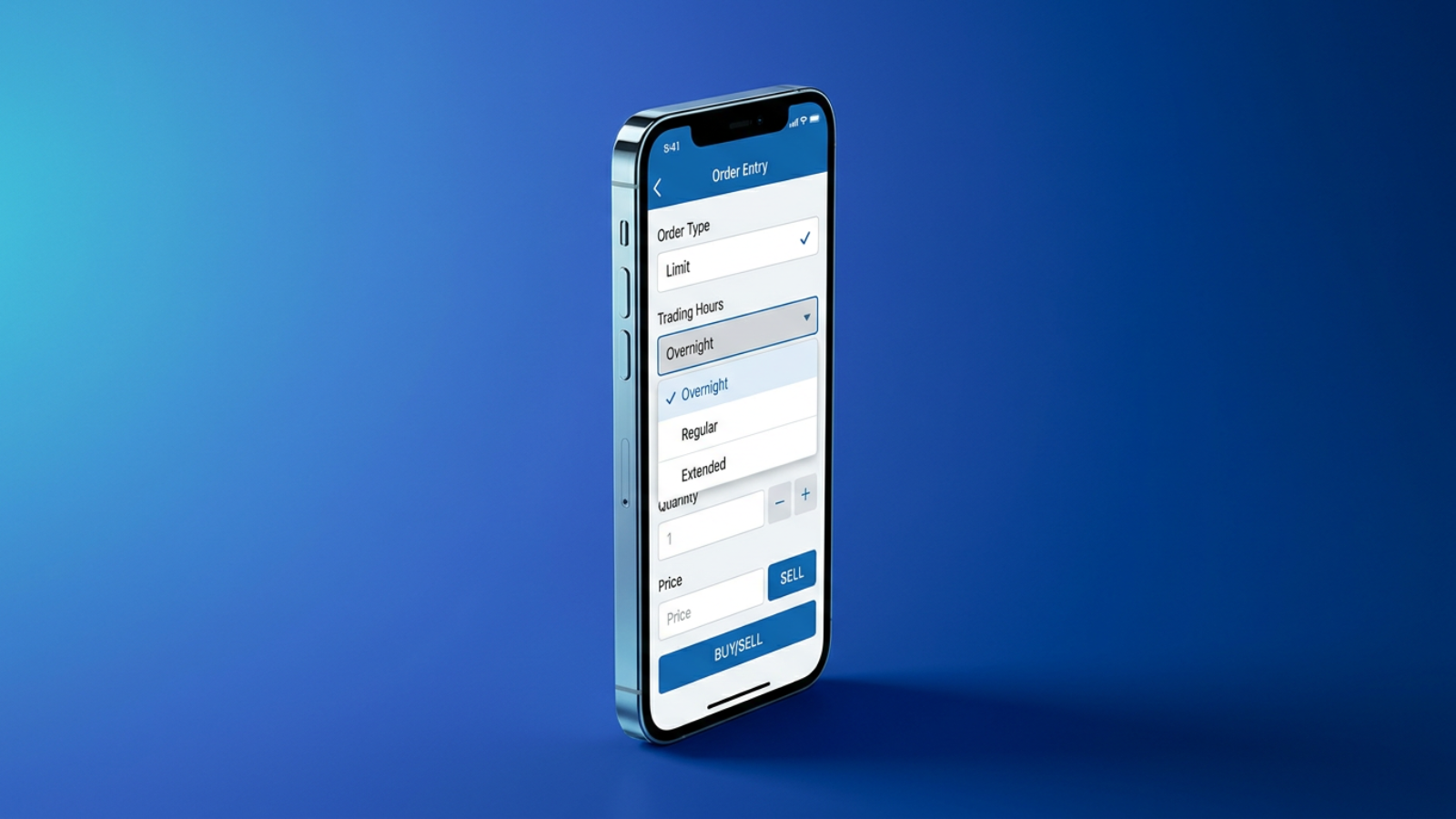 Smartphone order entry screen showing Limit selected as the order type and an Overnight option chosen in the Trading Hours dropdown menu