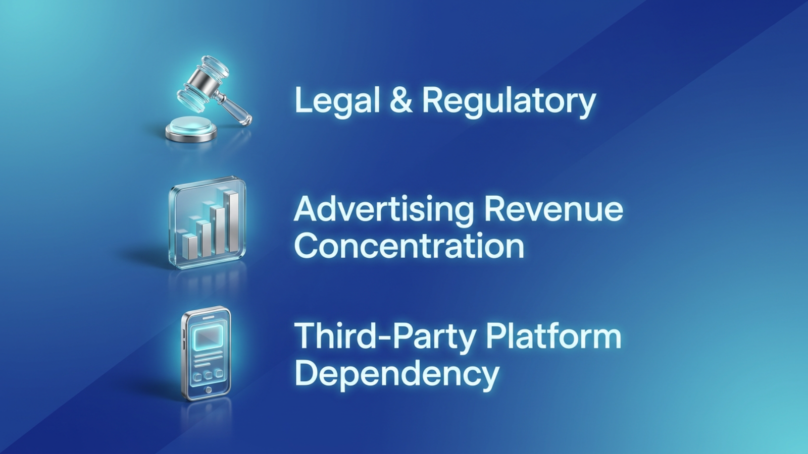 Three-row icon list summarizing Meta risk factors: gavel icon for Legal and Regulatory, bar chart icon for Advertising Revenue Concentration, and phone icon for