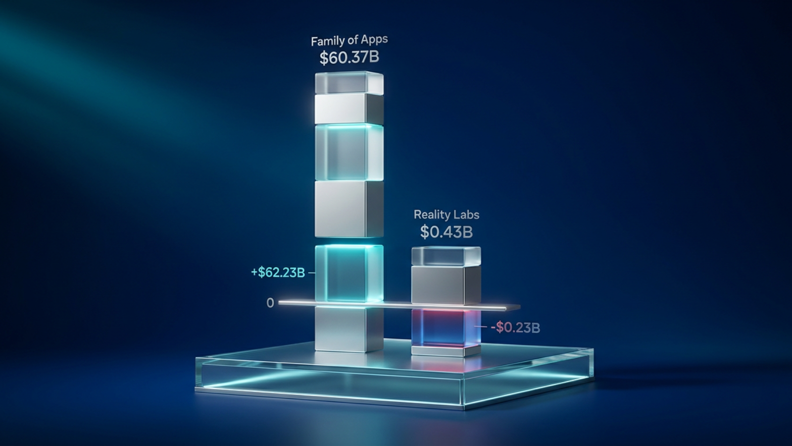 Side-by-side vertical bar chart showing Family of Apps revenue at $60.37B with positive operating income versus Reality Labs at $0.43B with a negative operating