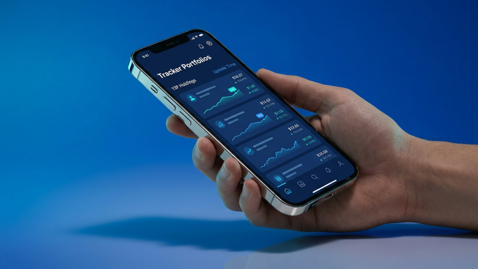 Mobile app screen titled Tracker Portfolios displaying investor holdings sourced from 13F filings with allocation update times