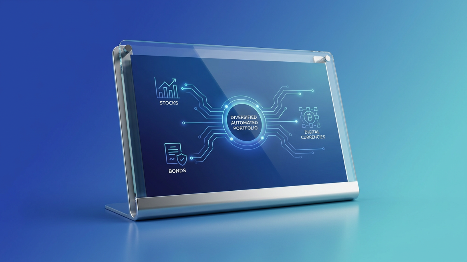 Digital dashboard with glowing lines connecting asset class icons representing stocks, bonds, and digital currencies to illustrate a diversified automated portf