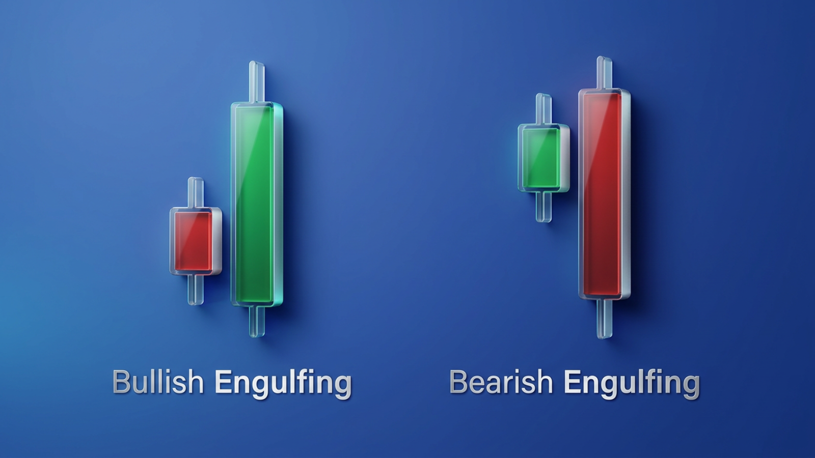 Side-by-side comparison of a bullish engulfing pattern with a large green candle overtaking a small red one, and a bearish engulfing pattern with a large red ca