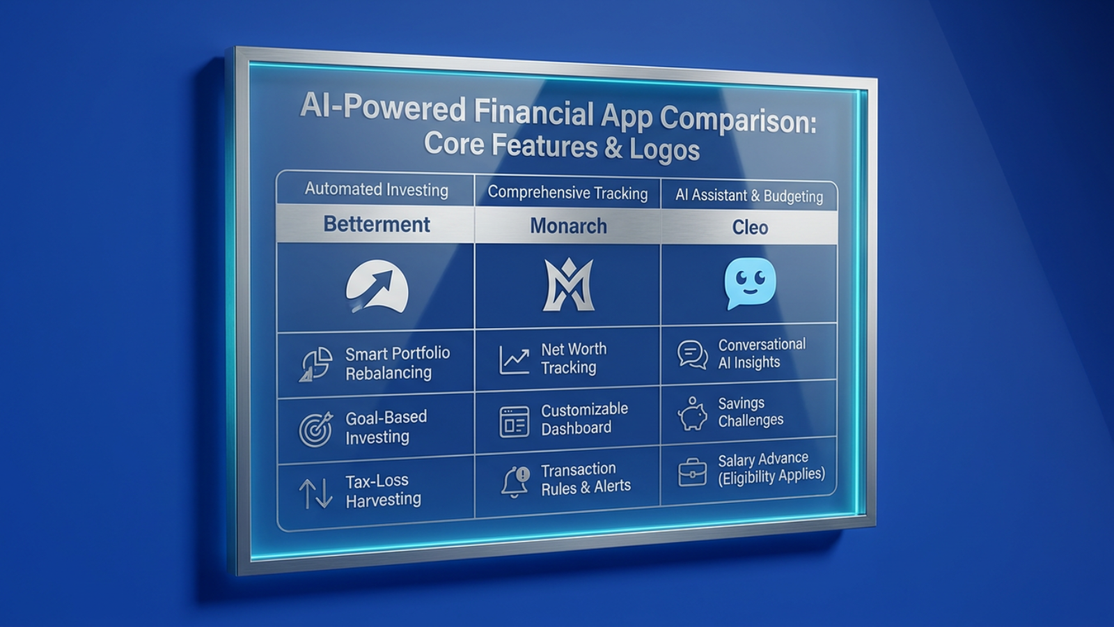 Comparison table showing logos and core features of AI-powered financial apps including Betterment, Monarch, and Cleo, with labeled columns for key attributes