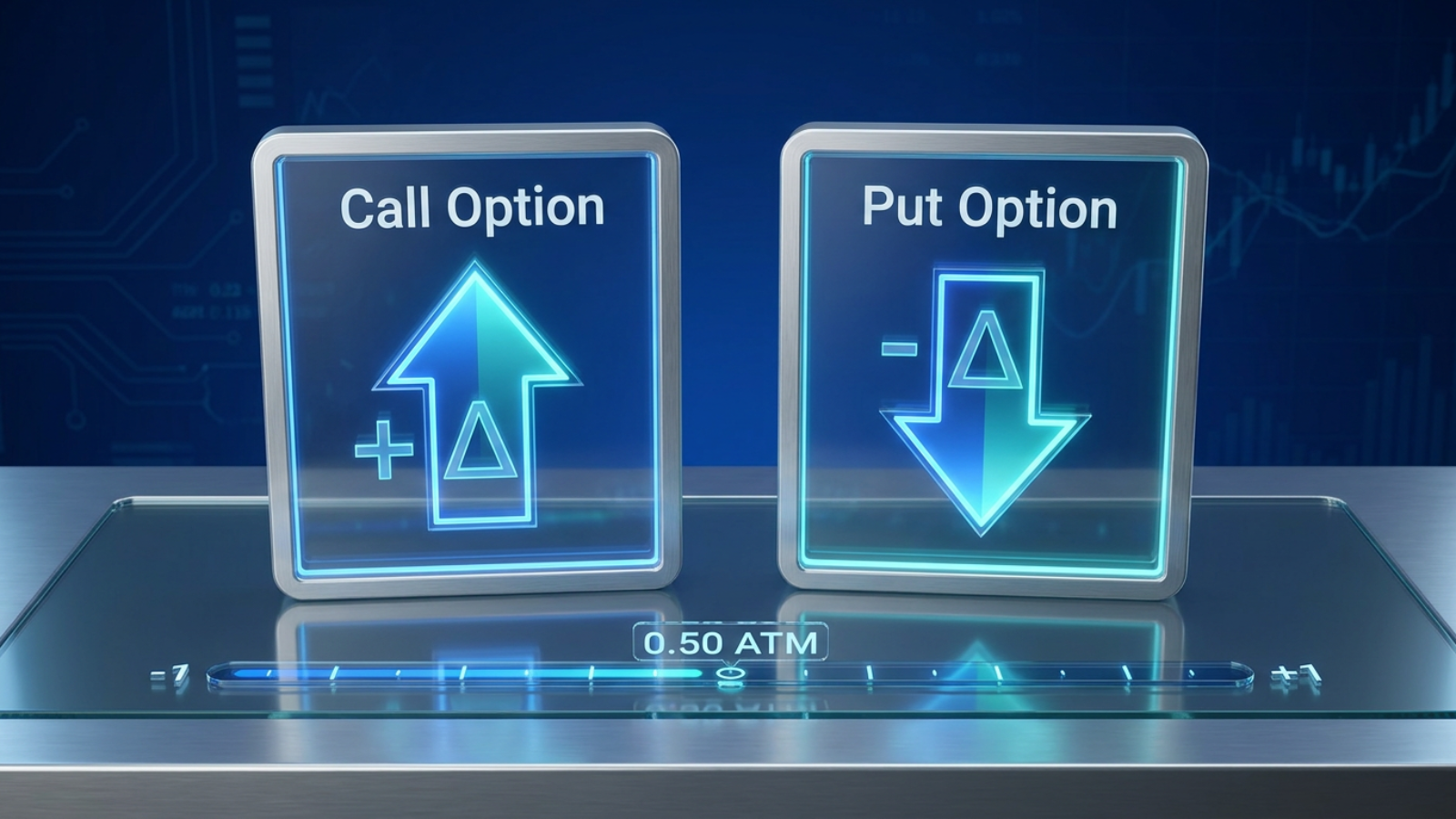 Side-by-side comparison of a call option with an upward delta arrow and a put option with a downward delta arrow, above a scale from -1 to +1 with a center mark