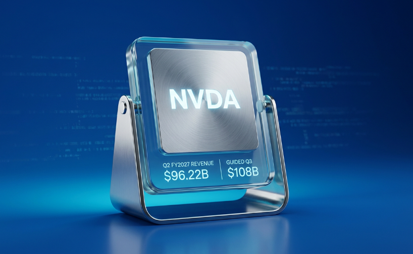 Nvidia earnings beat, NVDA revenue growth, semiconductor chip product photography, blue fintech hero