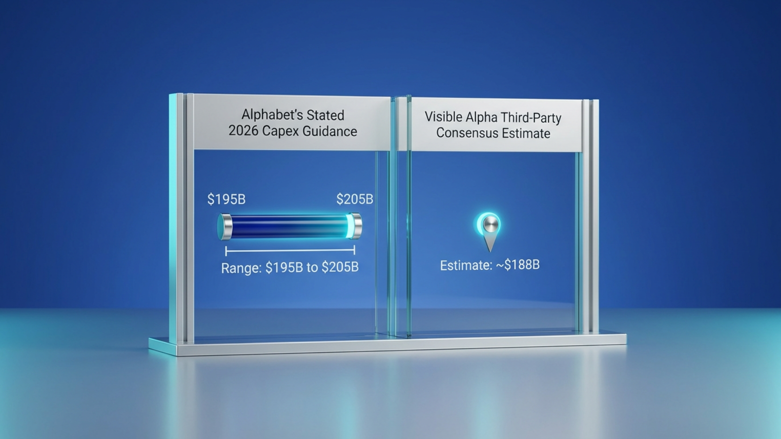 Two-column graphic comparing Alphabet's stated full-year 2026 capex guidance range of $195B to $205B against the Visible Alpha third-party consensus estimate of