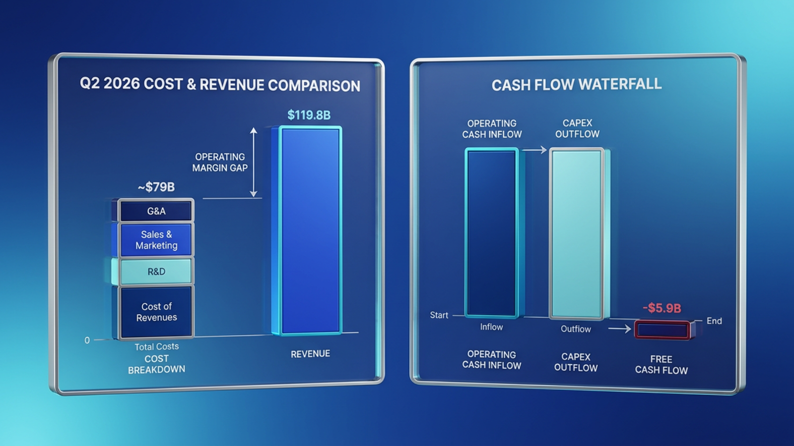 Two-panel infographic showing Q2 2026 cost breakdown versus $119.8B revenue on the left, and a cash flow waterfall ending at negative $5.9B free cash flow on th