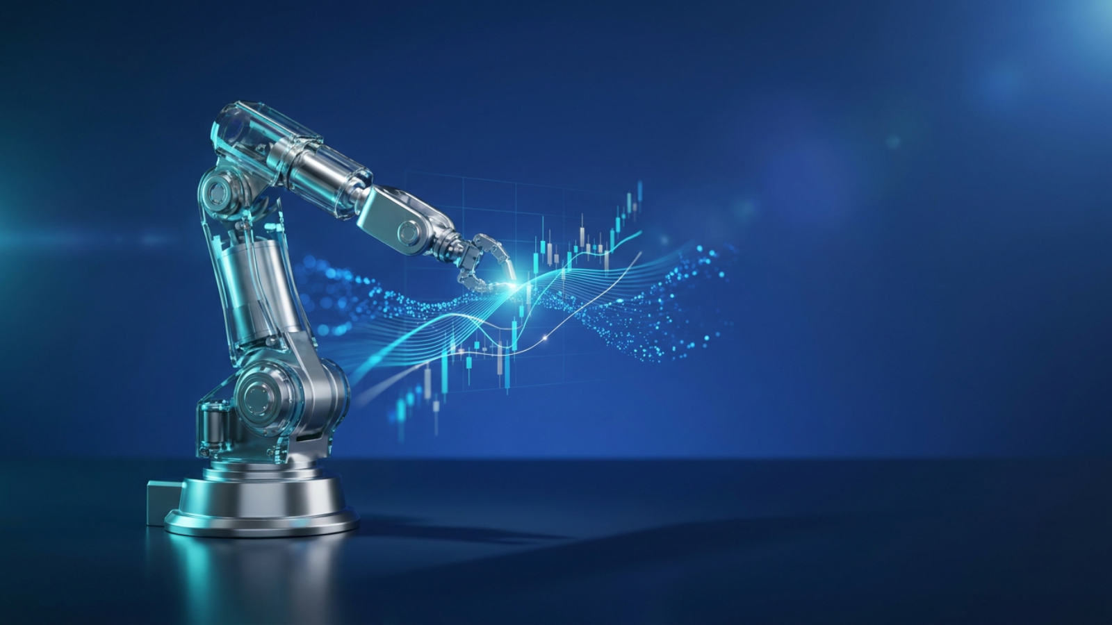 Conceptual digital interface with streaming data and a robotic arm analyzing stock market charts, representing AI-powered automated trading technology