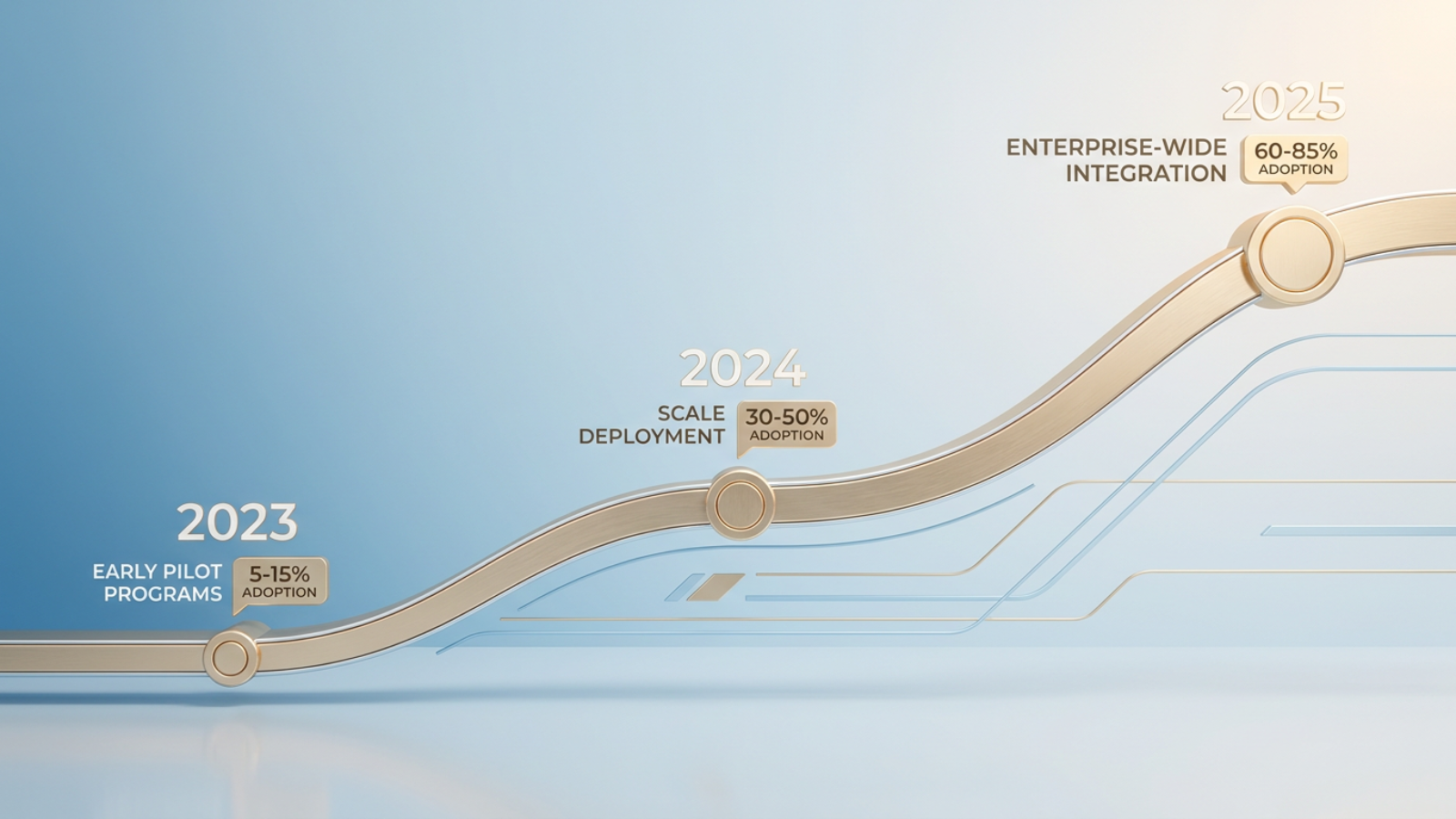 Timeline infographic showing generative AI adoption in wealth management from 2023 to 2025, with milestones for early pilots, selective deployment, and enterpri