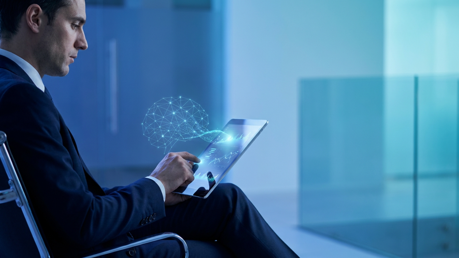 Professional trader reviewing algorithmic market data on a tablet, representing the hybrid collaboration between AI analysis and human strategic oversight