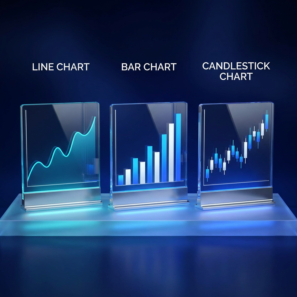 Three chart types plotting identical market data side by side: a smooth line chart showing only closing prices, a bar chart with OHLC tick marks, and a candlest