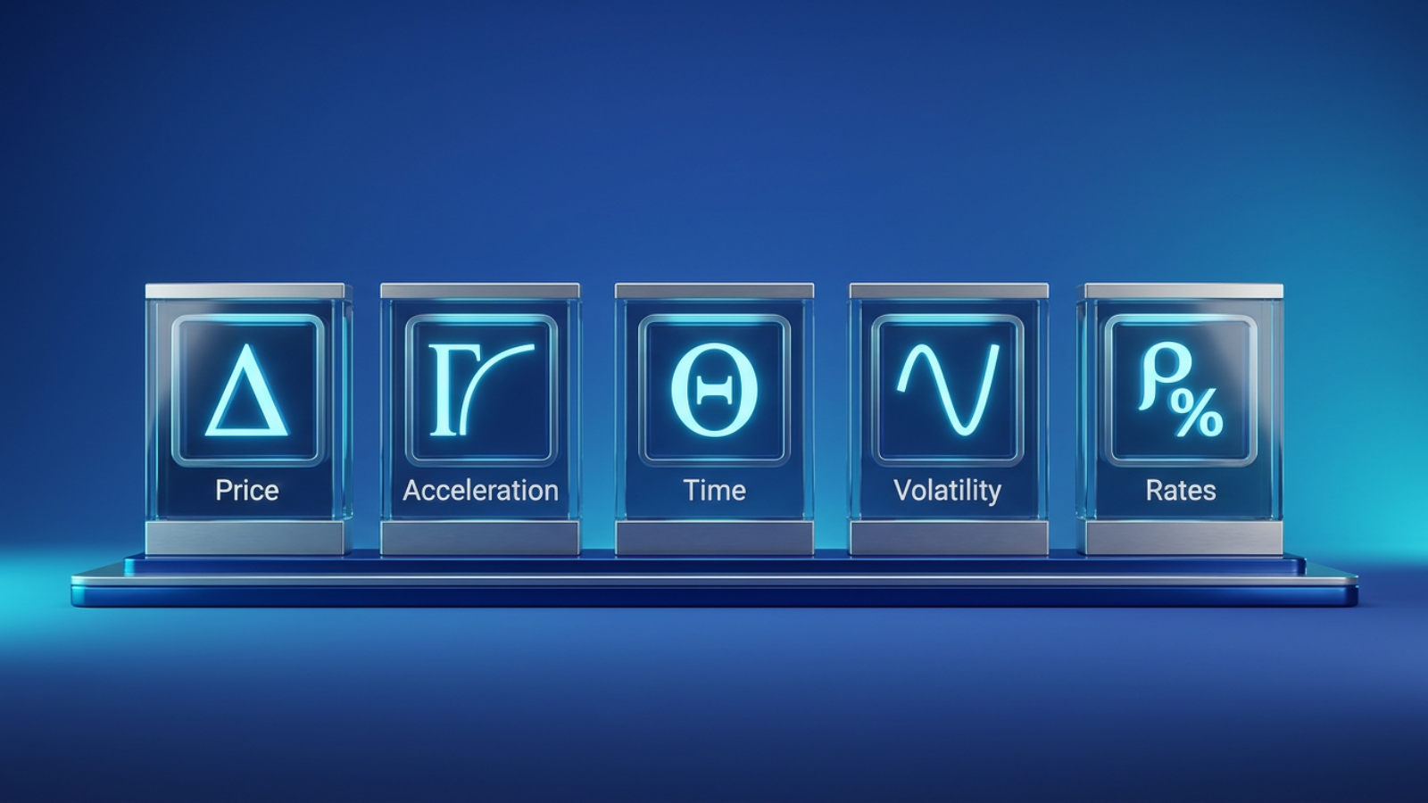 Dashboard with five instrument panels labeled Price, Acceleration, Time, Volatility, and Rates, each displaying a Greek letter symbol: delta triangle, gamma cur