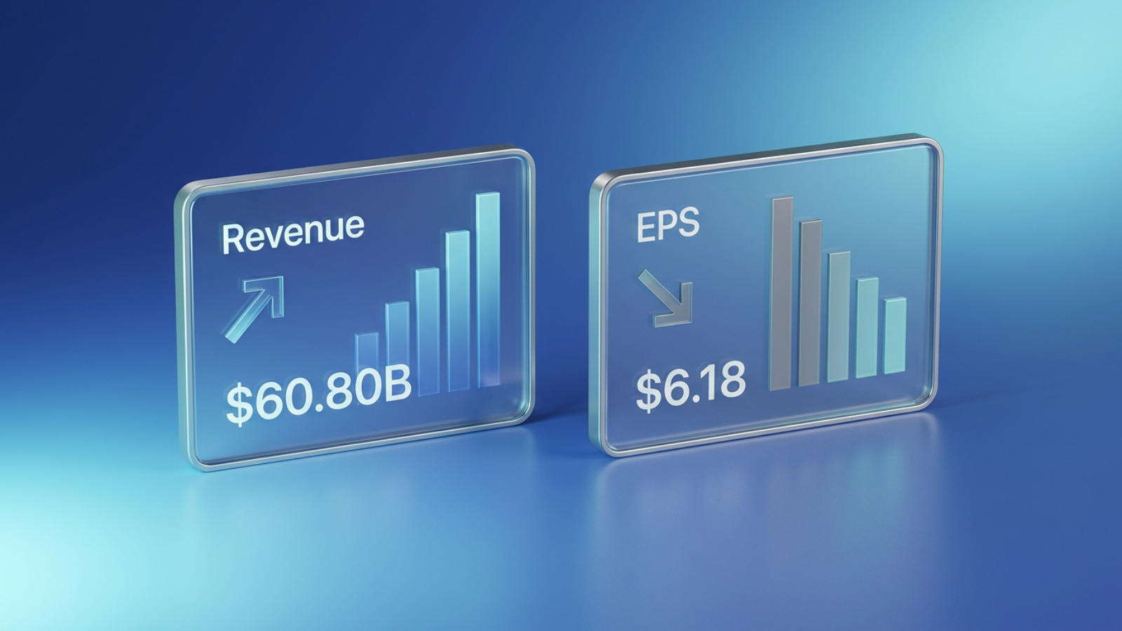Dashboard with two metric cards: Revenue card showing $60.80B with an upward bar, and EPS card showing $6.18 with a downward bar, styled in blue and gray