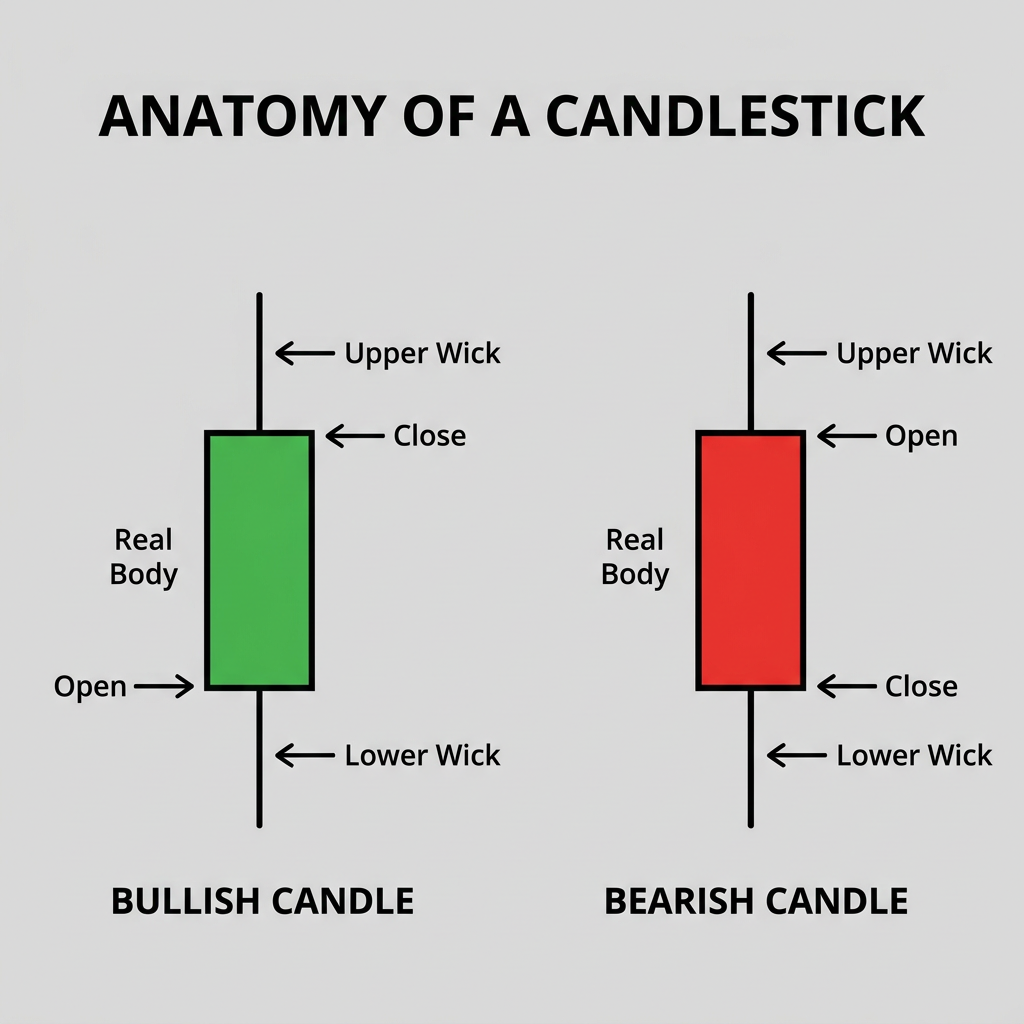 Anatomy of a single candlestick showing clearly labeled parts: upper wick at the top, real body in the middle, and lower wick at the bottom. Clearly label the Open and Close prices according to the candle direction. For a bullish candle, the Open is at the bottom of the real body and the Close is at the top. For a bearish candle, the Open is at the top of the real body and the Close is at the bottom. Do not place Open and Close labels in a fixed position regardless of candle direction. Use a clean, educational financial illustration with accurate candlestick terminology and clearly readable labels.