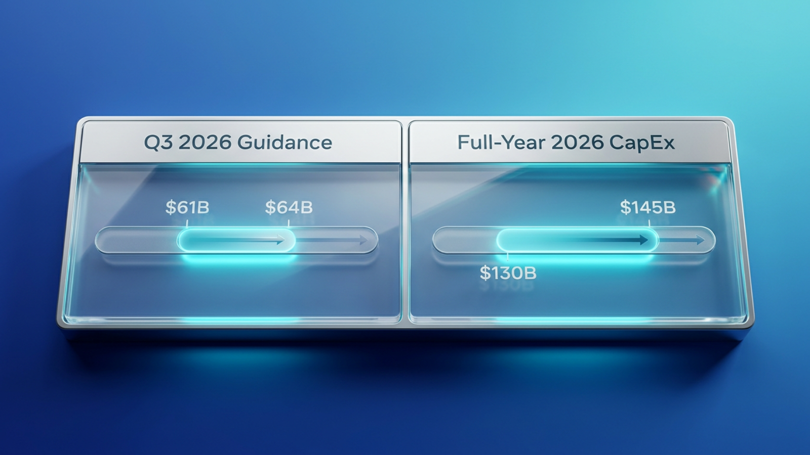 Two-column graphic showing Meta forward guidance ranges: Q3 2026 Revenue guidance of $61B to $64B on the left, Full-Year 2026 CapEx of $130B to $145B on the rig