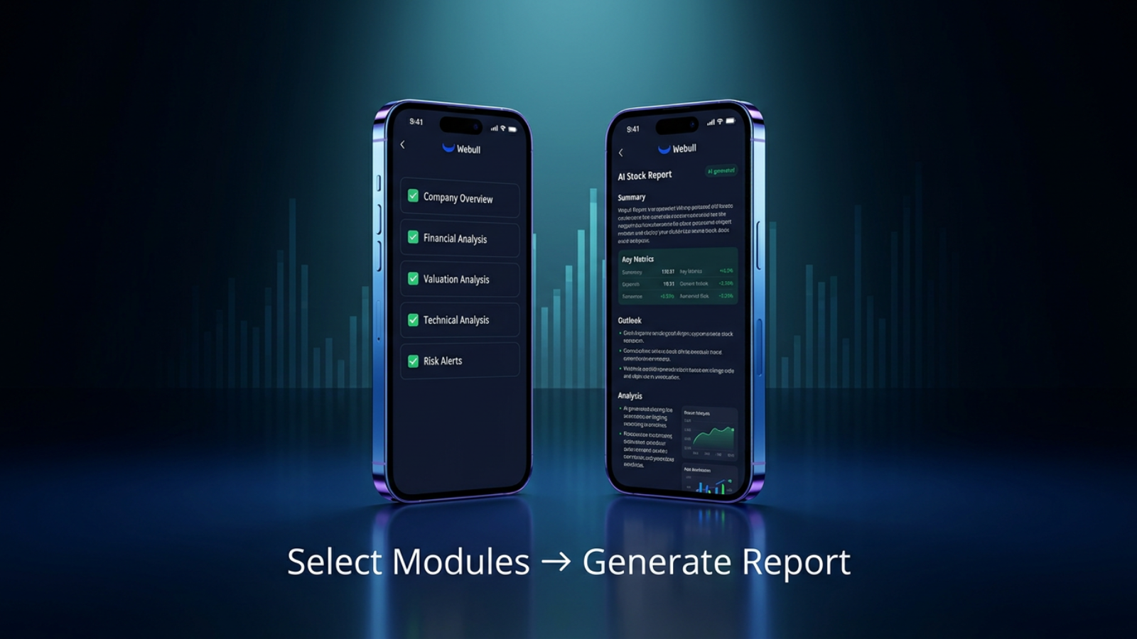 Webull app module selection, AI stock report, smartphone trading interface, Vega Analyst