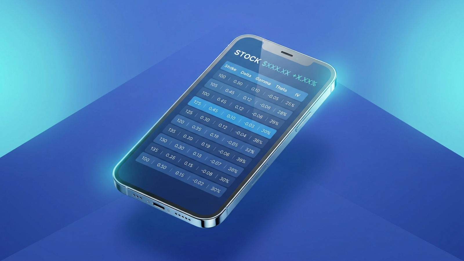 Flat-design mobile trading app mockup showing an options chain table with column headers for strike price, delta, gamma, theta, and implied volatility, with a s