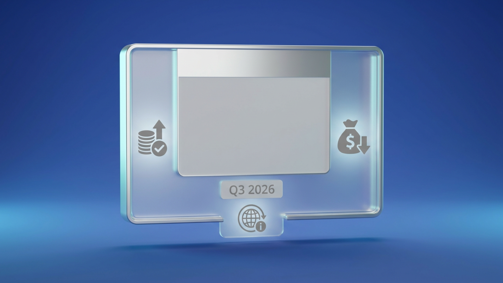 Minimal calendar graphic with a Q3 2026 placeholder date block alongside small icons representing an earnings date, dividend date, and investor relations page l