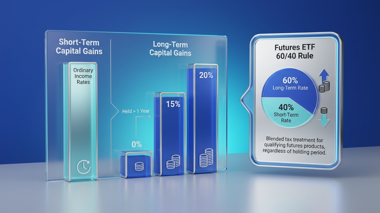 Bar chart infographic comparing short-term and long-term capital gains rate brackets alongside a callout showing the futures ETF 60/40 tax split rule