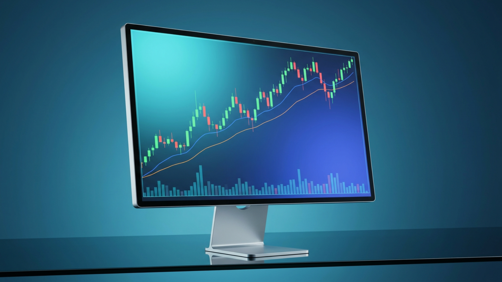 Desktop monitor displaying a financial candlestick chart with green and red candles, overlaid moving average lines in contrasting colors, and a volume bar histo