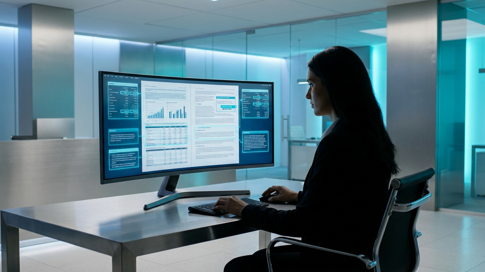 Financial advisor at a desk reviewing a complex document on a large monitor, with digital highlights marking key sections to illustrate AI-assisted document ana