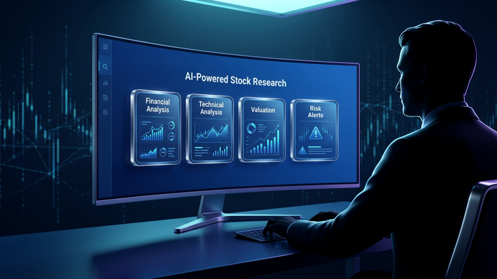 AI-powered stock research dashboard, financial analysis modules, deep blue trading interface