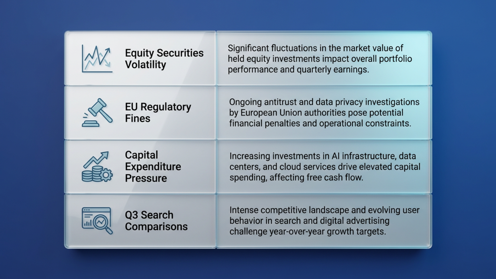 Four-row risk summary table covering Alphabet's disclosed Q2 2026 risks: equity securities volatility, EU regulatory fines, capital expenditure pressure, and to