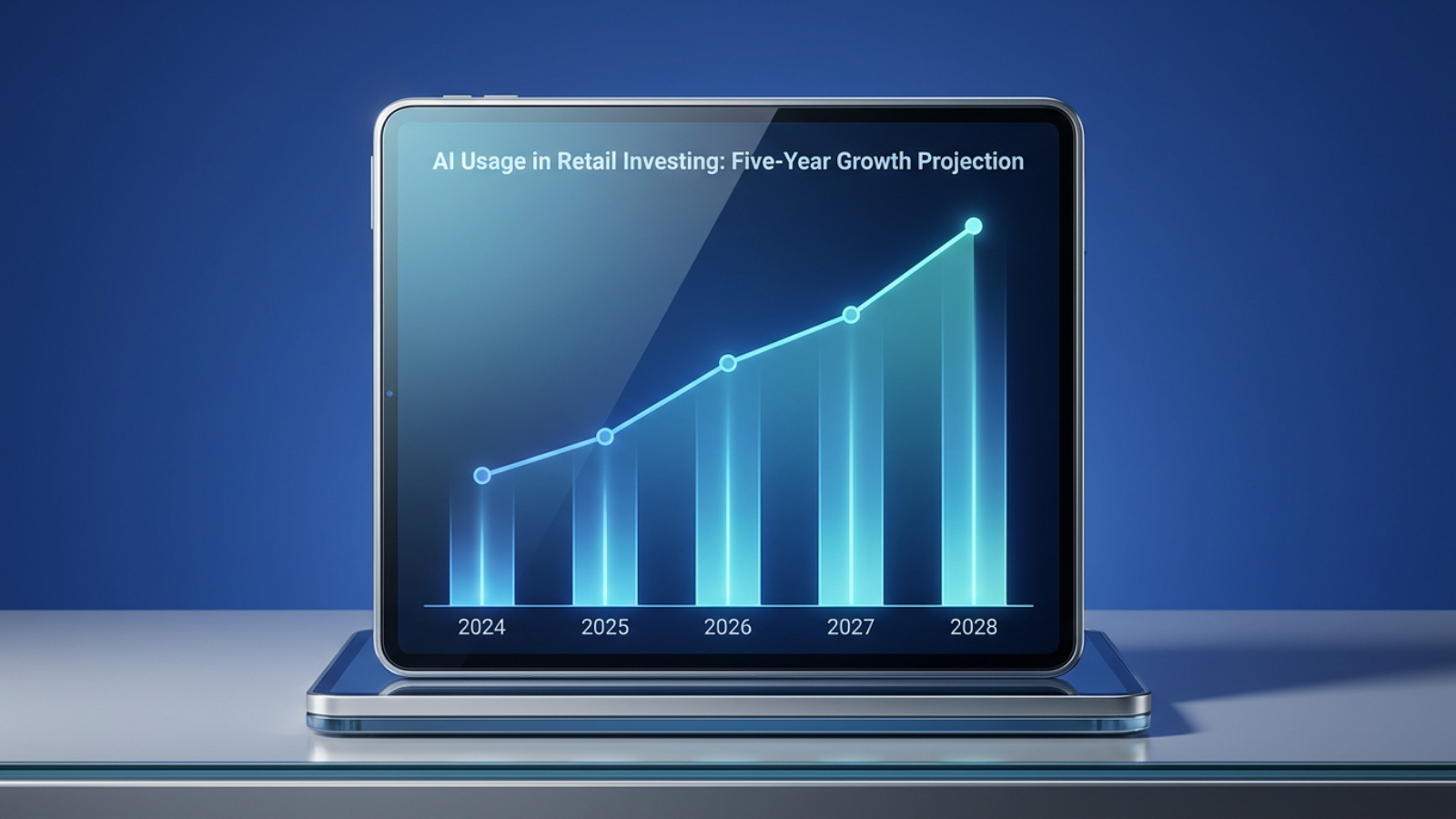Line graph projecting AI usage growth in retail investing from 2024 to 2028, with labeled columns showing rising adoption rates toward a projected 78% by 2028
