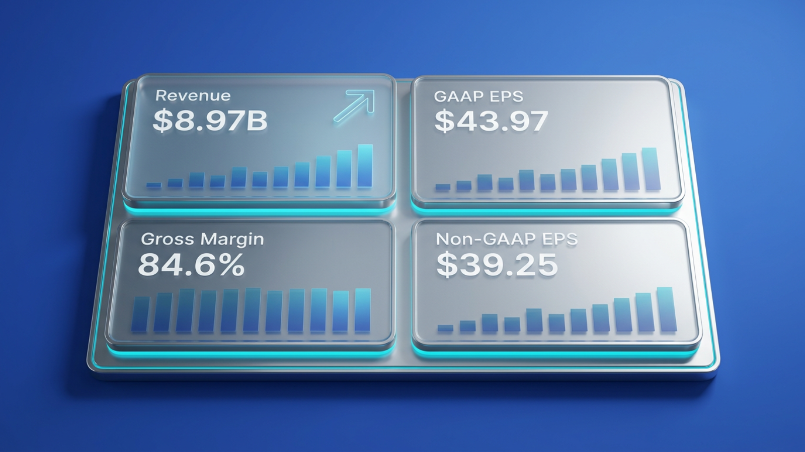 Dashboard with four metric cards: Revenue $8.97B with upward arrow, GAAP EPS $43.97, Gross Margin 84.6%, and Non-GAAP EPS $39.25, each with a small bar chart be